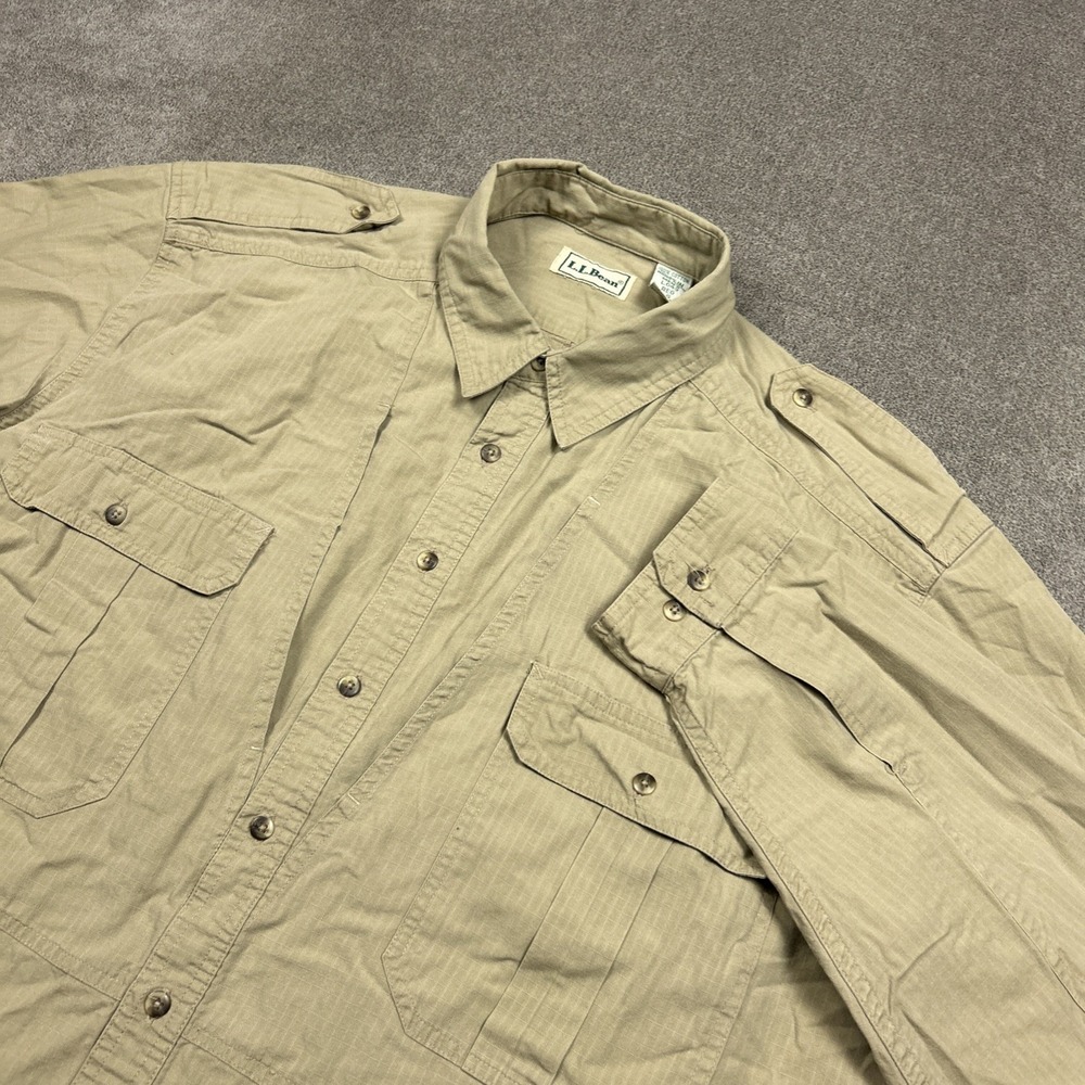 Vintage LL Bean Mens L Safari Shirt Khaki Tan Ripstop Cotton Made in Hong Kong